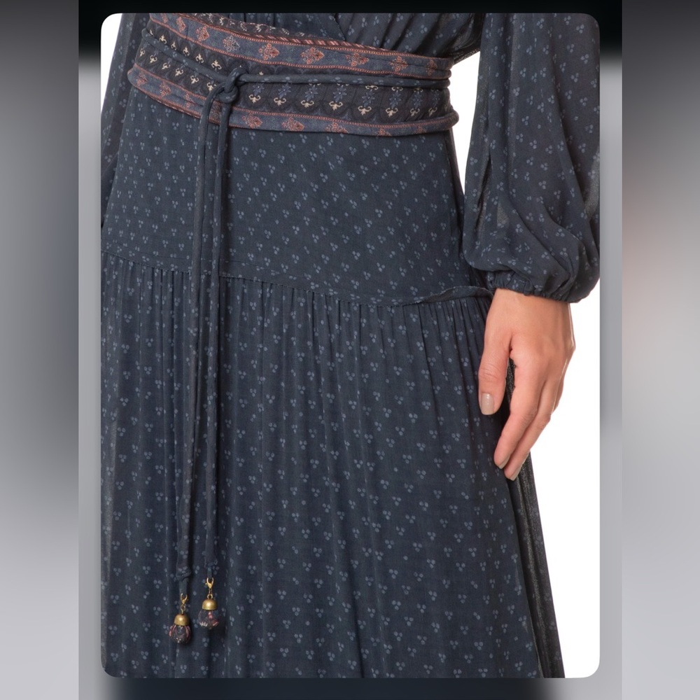 Patterned Navy Long Sleeve Wrap Maxi Dress - Picture 6 of 7